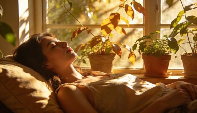 Woman basking in golden sunlight on couch with potted plants by window