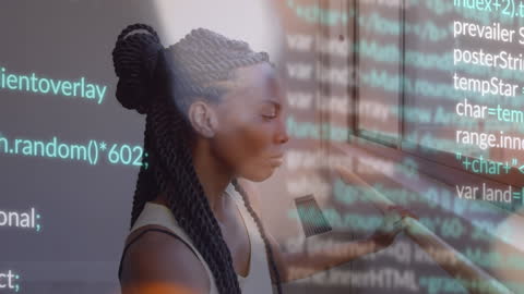 Woman with Twisted Braids in Thoughtfulness Overlays Programming Code