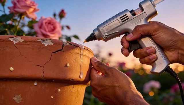Repairing cracked terracotta pot with hot glue gun at sunset among blooming roses