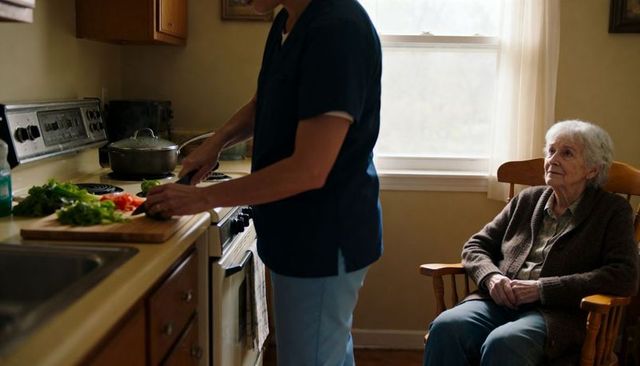 Caregiver Preparing Healthy Meal for Elderly Woman in Cozy Sunlit Home Kitchen