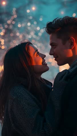 Couple Pressing Foreheads and Smiling Under City Bokeh Lights at Dusk - Vertical Romantic Clip