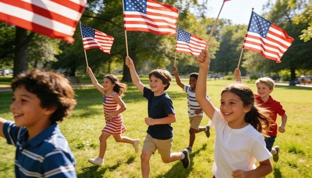 Children running waving american flags in sunny park during patriotic celebration