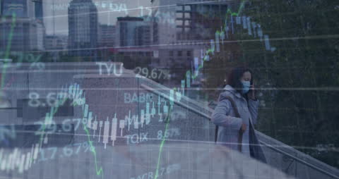 Double Exposure of Businesswoman and Financial Data in Urban Setting