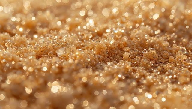 Glittering wet sand and water droplets on sunny beach shore