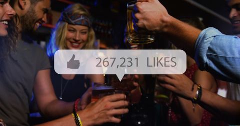 Friends celebrating with social media likes overlay