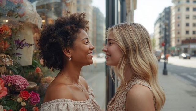 Two women sharing warm smile while standing at floral storefront window wearing blouses