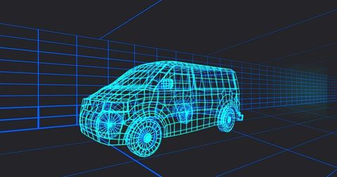 Neon blue wireframe van in virtual 3d grid space