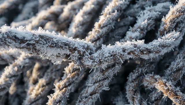 Hoarfrost coating thick twisted rope with feathery ice crystals in golden morning light