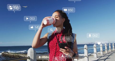 Woman Drinking Coffee Receiving Social Media Notifications Affluence