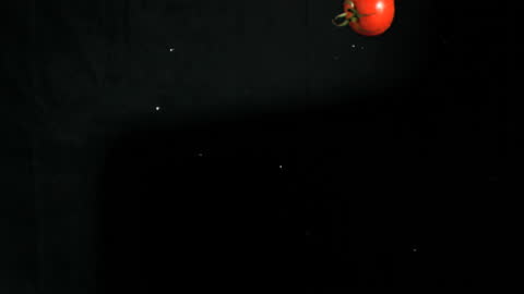 Wet Tomatoes Falling in Slow Motion Against Dark Background