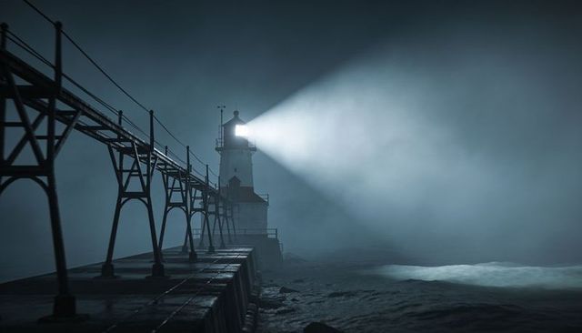 Lighthouse beacon cutting through dense fog at night on wet pier and metal catwalk