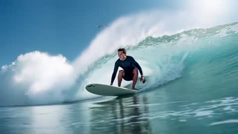 Crouching Surfer Riding Inside Turquoise Barrel on Longboard at Point Break