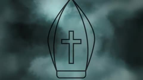 Bishop Mitre Outline with Cross in Drifting Teal Fog and Pulsing Glow Background