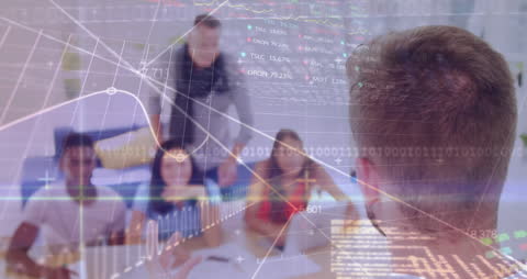 Business Group Analyzing Financial Data with Futuristic Interface