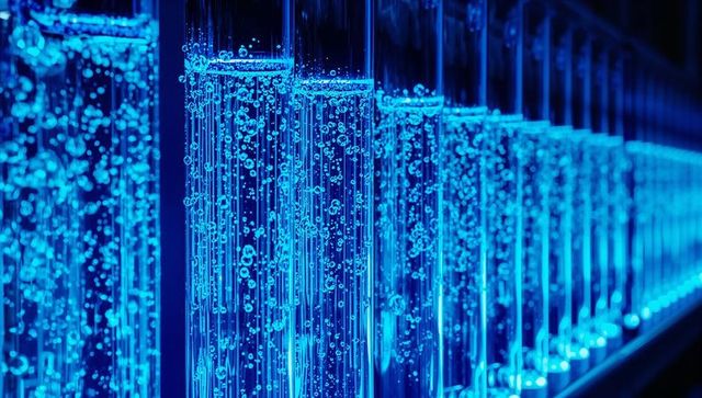 Electric blue bubble columns led-lit liquid tubes abstract technology background