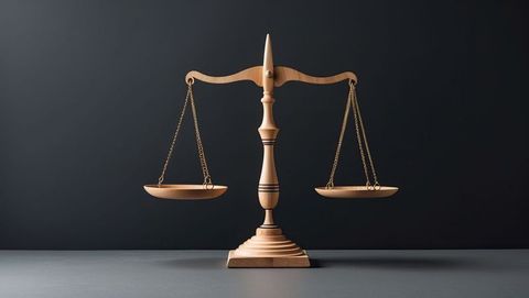 Wooden balance scale with empty pans displayed on grey table