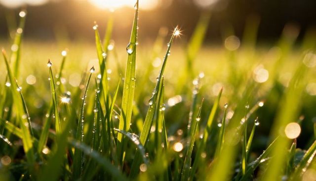 Catching golden morning light on dew-spangled grass blades, close-up meadow texture