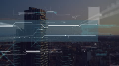 Digital Data Overlay on Cityscape at Sunrise