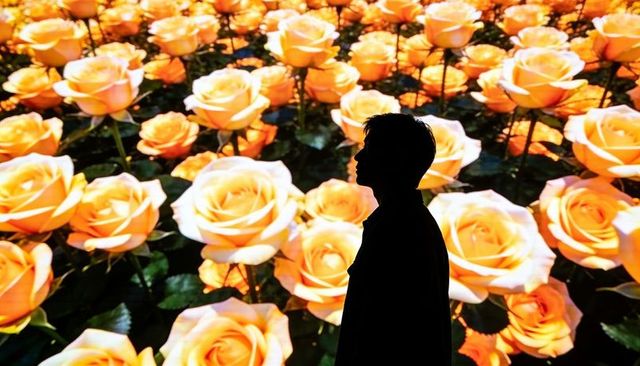 Silhouetted man standing before giant orange rose display creating dramatic backlit contrast