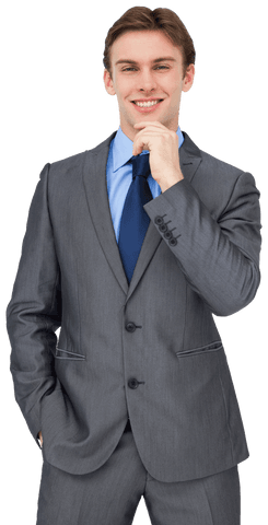 Confident Businessman Smiling with Hand on Chin on Transparent Background