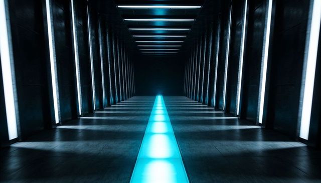 Futuristic neon corridor with glowing cyan walkway and symmetrical led wall panels