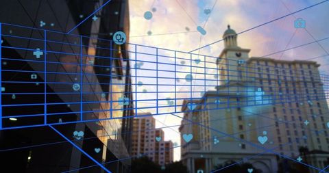 Holographic Medical Grid Over Modern Cityscape