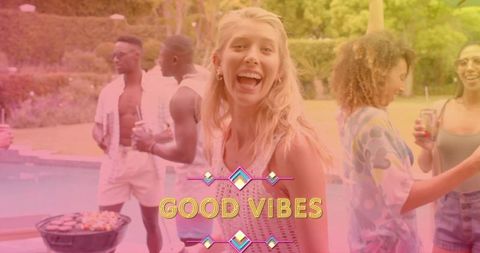 Smiling blonde woman laughing poolside summer barbecue friends good vibes overlay