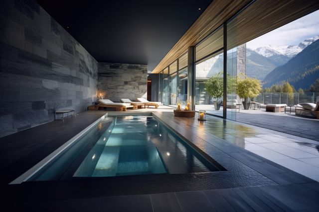 Relaxation pool at modern health spa with view to mountains, created using generative ai technology. Health spa, wellbeing, architectural design and luxury concept digitally generated image.