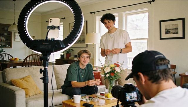 Creators Filming Jewelry Review in Cozy Living Room Using Ring Light and DSLR Camera
