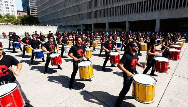 Urban drumline performing in formation on plaza with colorful drums and black tees