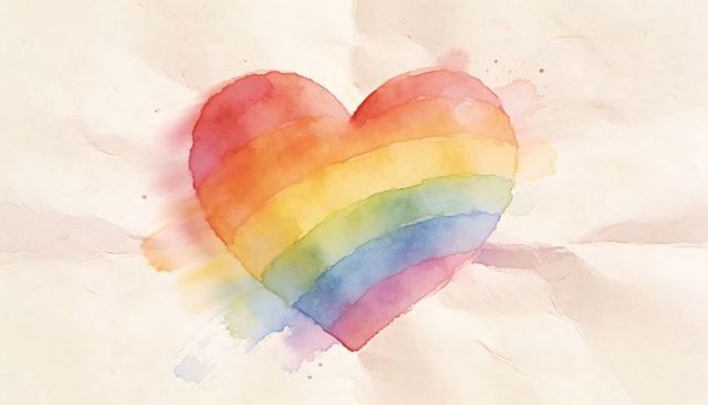 Handpainted rainbow heart watercolor on creased parchment paper background with vintage texture
