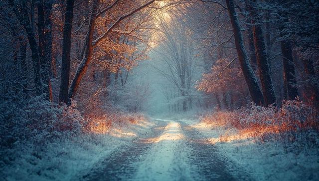 Sunlit Snowy Path Through Winter Forest