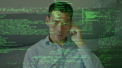 Businessman Engaged in Smartphone Call with Digital Data Overlay