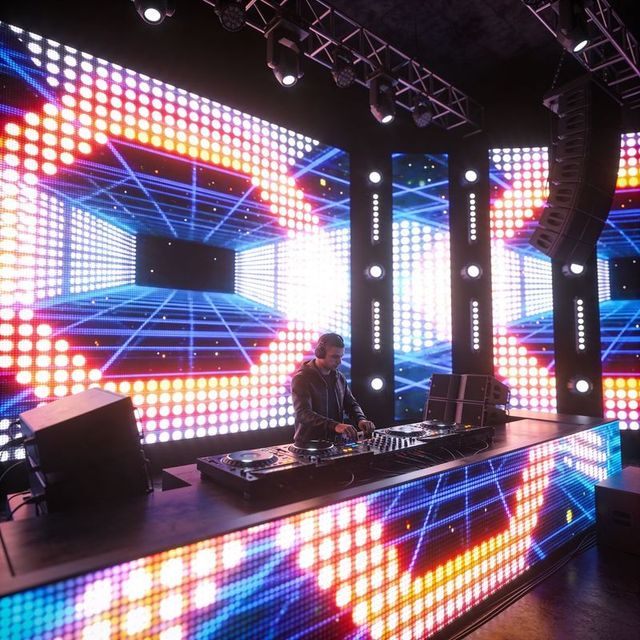Nightclub dj mixing behind led console in neon geometric grid light tunnel