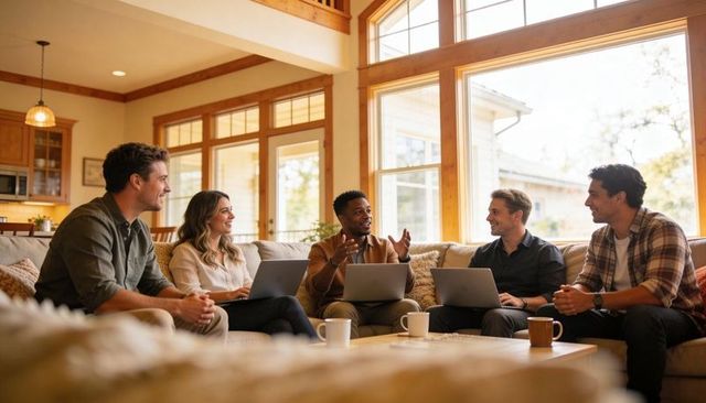 Brainstorming in cozy living room while remote team collaborating with laptops and coffee