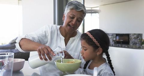 Grandmother serving milk to granddaughter during breakfast