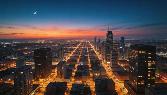 Golden grid lighting: aerial downtown avenue stretching toward sunset