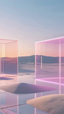 Vertical video Rotating translucent cubes reflecting neon-pink light on salt flat at dusk