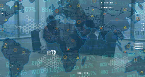 Global Financial Data Animation with Business Team in Office Environment