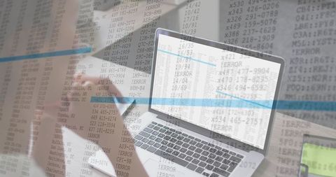 Woman Debugging Laptop Showing Error Logs with Code Overlay, IT Troubleshooting Concept