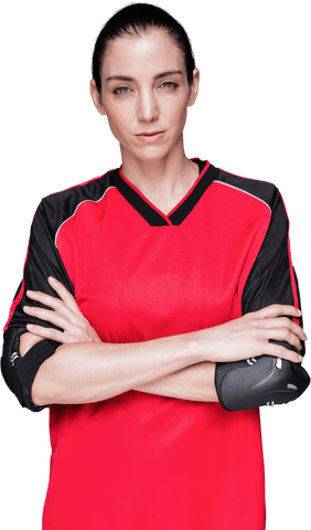 confident female athlete in red sports jersey posing with elbow pad - Download Free Stock Videos Pikwizard.com