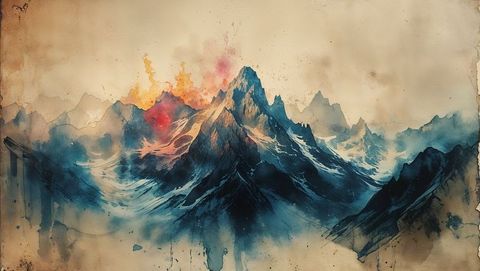 Vibrant Abstract Mountainscape with Watercolor Features