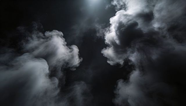 Dramatic Backlit Smoke Plumes Forming Layered Volumetric Fog in Dark Atmospheric Space