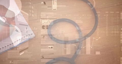 Medical professional writing notes with stethoscope and charts