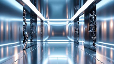 Futuristic sci-fi corridor with led strips and metal sculptures