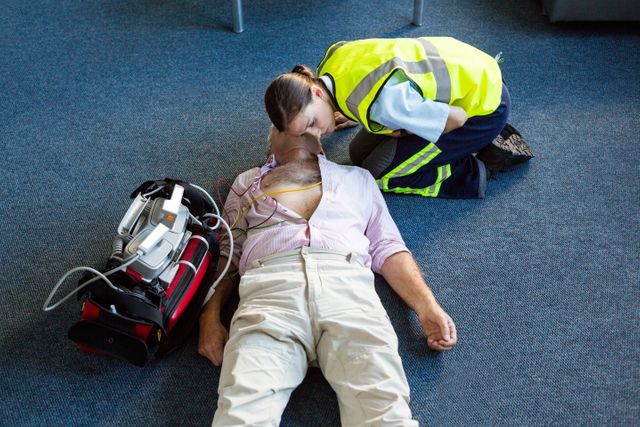 Female paramedic performing CPR training on a manikin in a hospital setting. Ideal for use in articles or materials related to emergency medical training, healthcare education, first aid courses, and professional development for medical personnel.