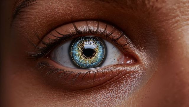 Macro human eye showing teal iris with golden electric pattern in pupil for biometric concept