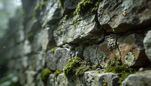 Moss-covered stone wall with dew droplets, lichen texture and weathered cracks