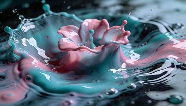 Turquoise pink crown splash macro, abstract fluid sculpture with petal ripples