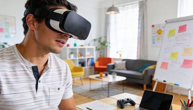 Young man testing vr headset in modern home office with laptop and game controller